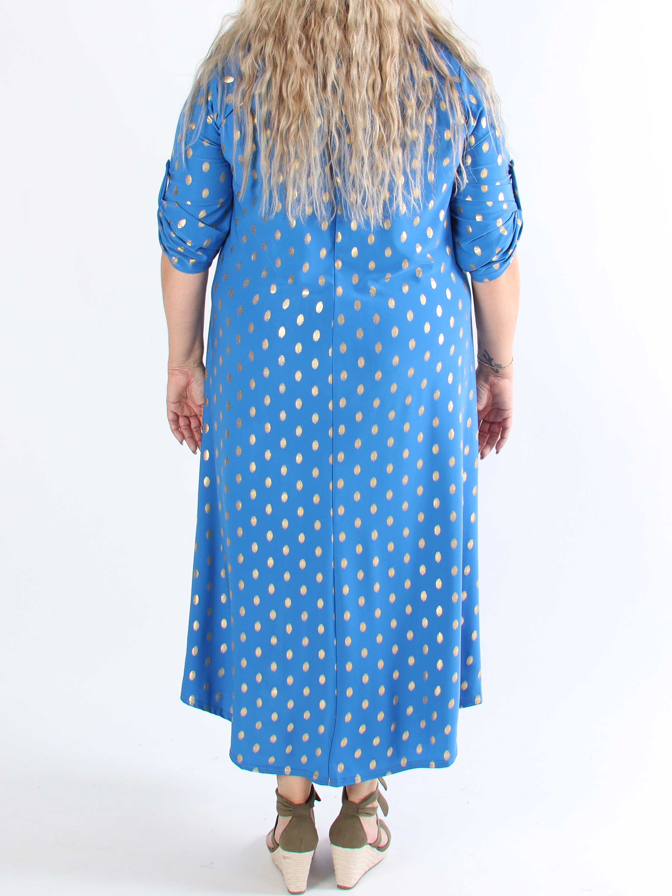 Ebba Gold Dress - Elastisk plus size lang kjole med guld prikker
